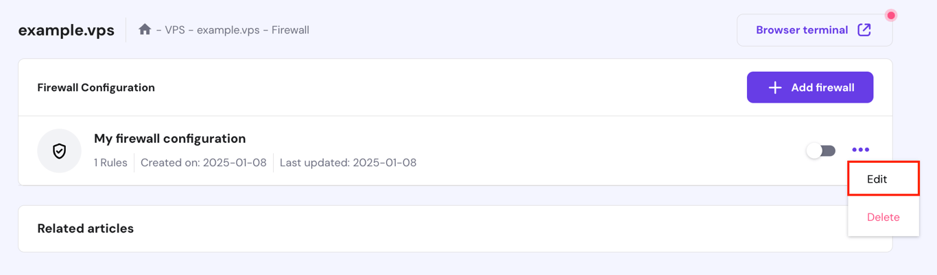 The Edit option next to a custom firewall configuration in hPanel's VPS