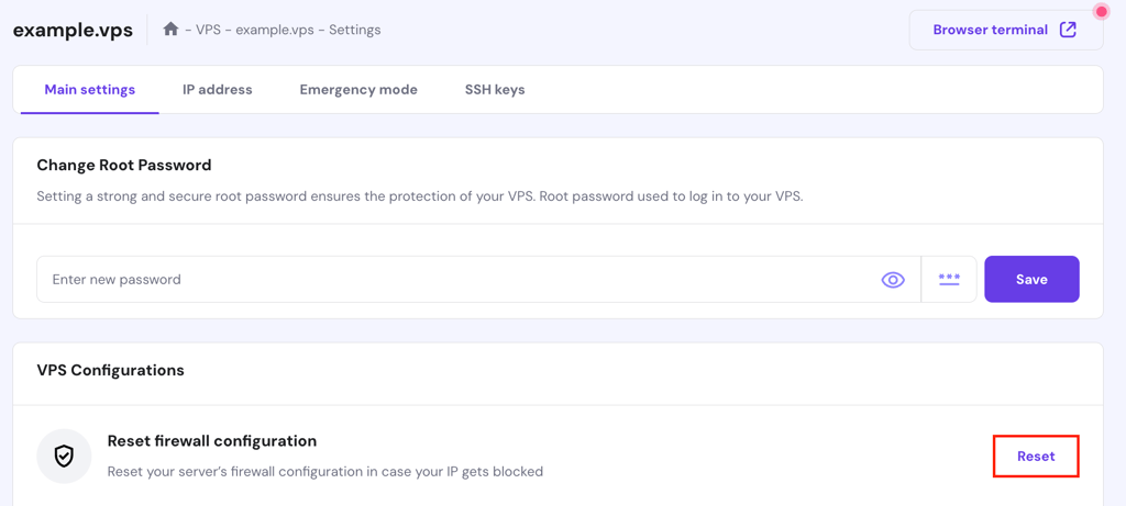 The Reset button next to the firewall option in hPanel's VPS