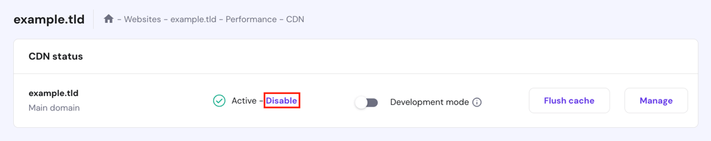 The Disable button in hPanel's CDN