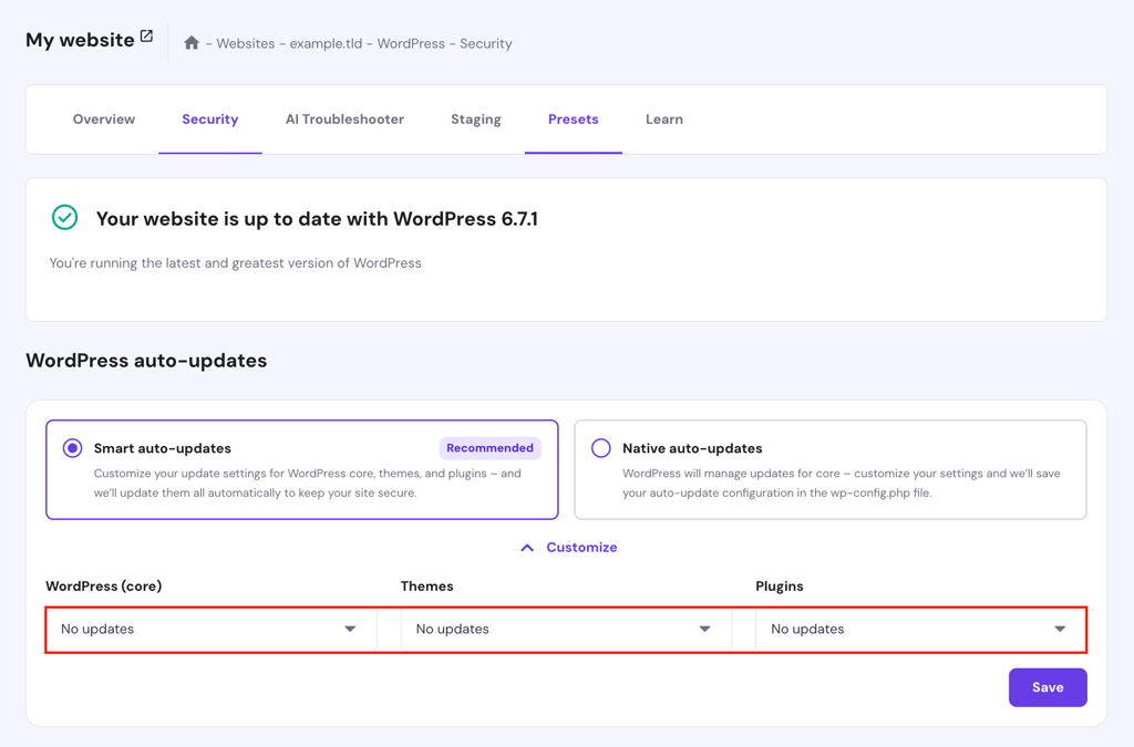 The No updates option for the WordPress (core), Themes, and Plugins fields in hPanel