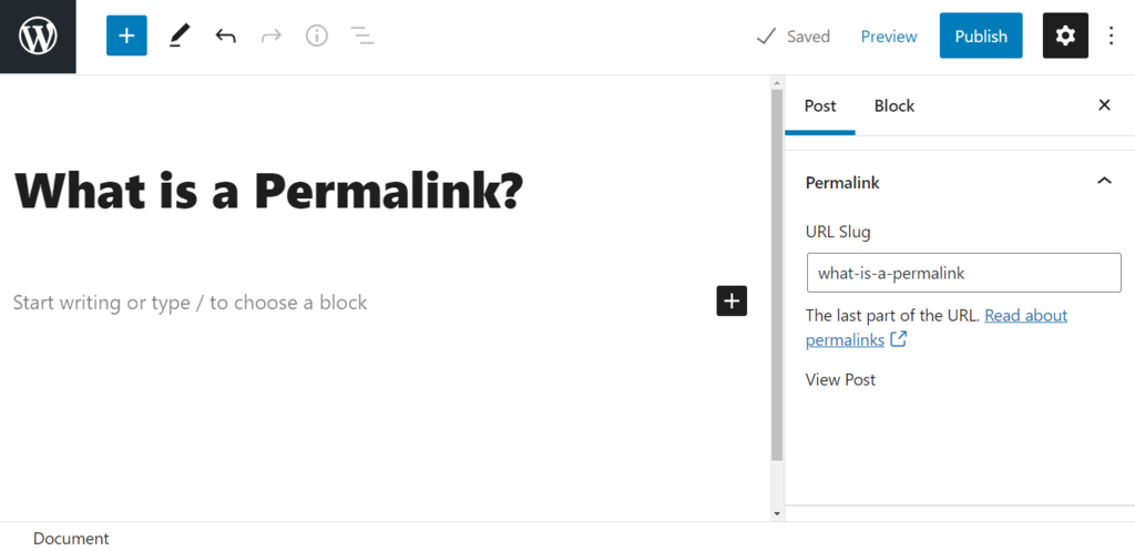 The Permalink section in the WordPress block editor