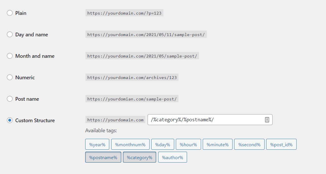 The WordPress permalinks settings