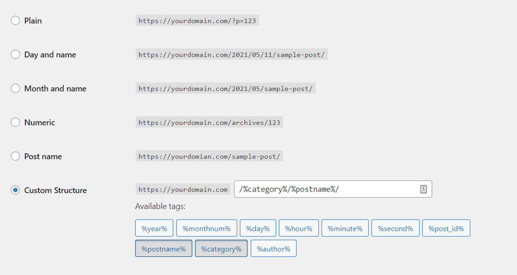 The WordPress permalinks settings