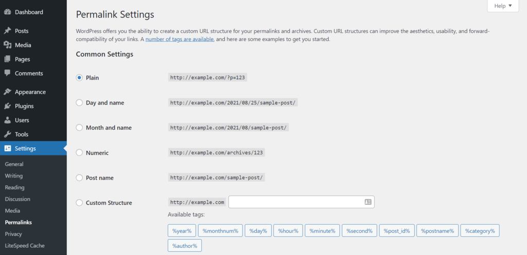 Permalink Settings on the WordPress dashboard