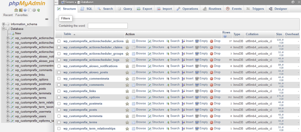 Accessing database after changing the table prefix via phpMyAdmin.