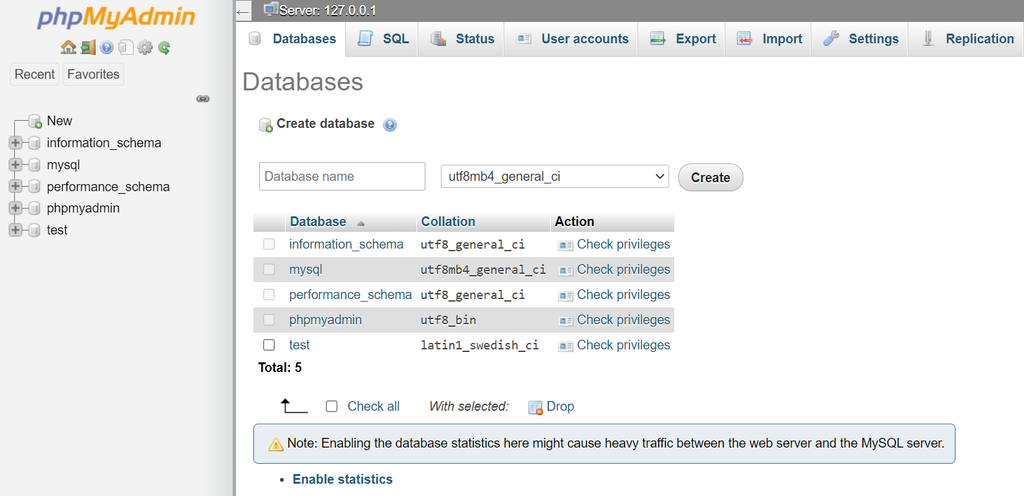 phpMyAdmin databases section
