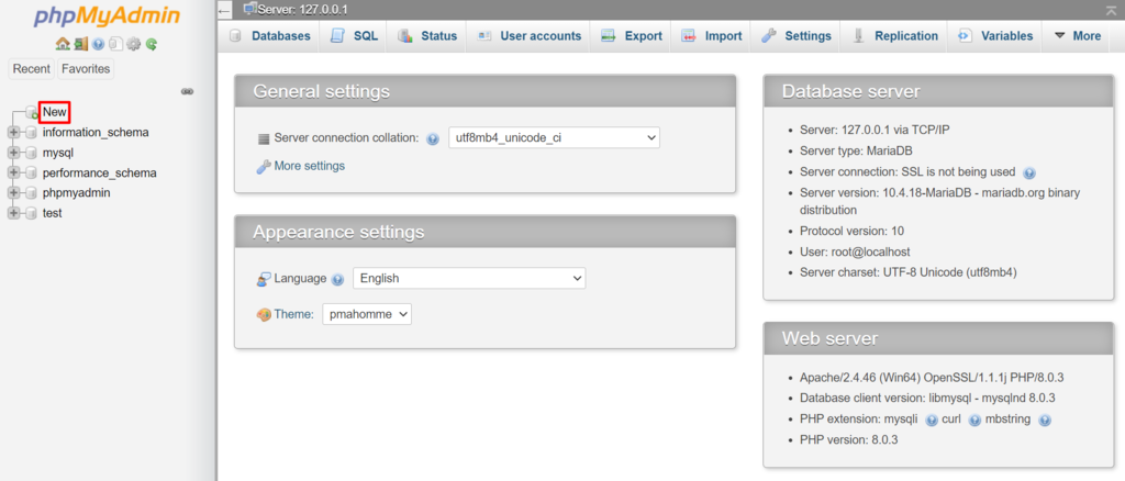 MyPHP main screen