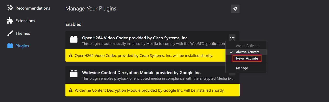 Disabling plugins by choosing never active.