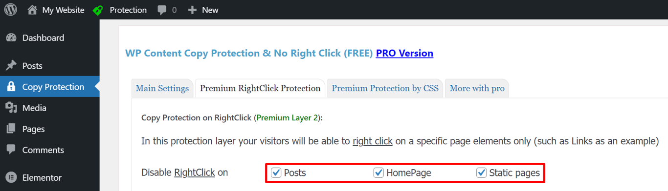Copy Protection plugin dashboard