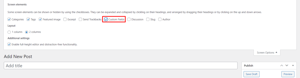 Screen options, highlighting the Custom Fields box