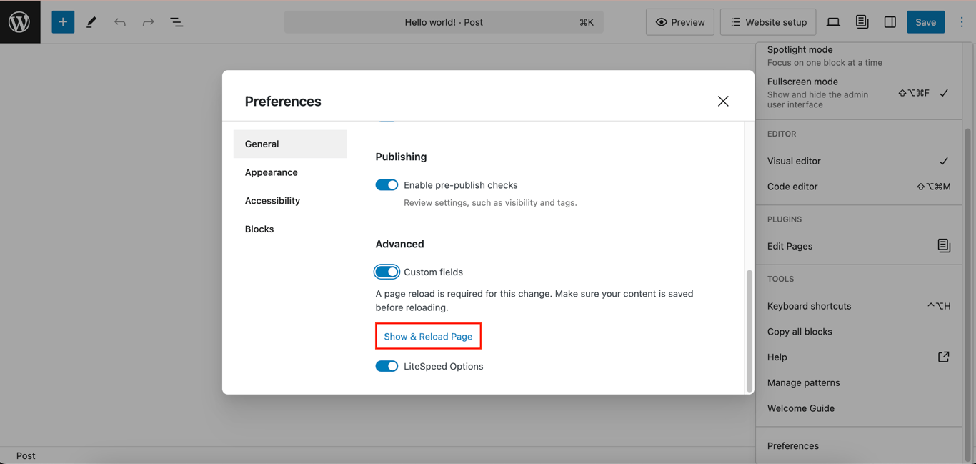The Show & Reload Page button in WordPress Preferences menu
