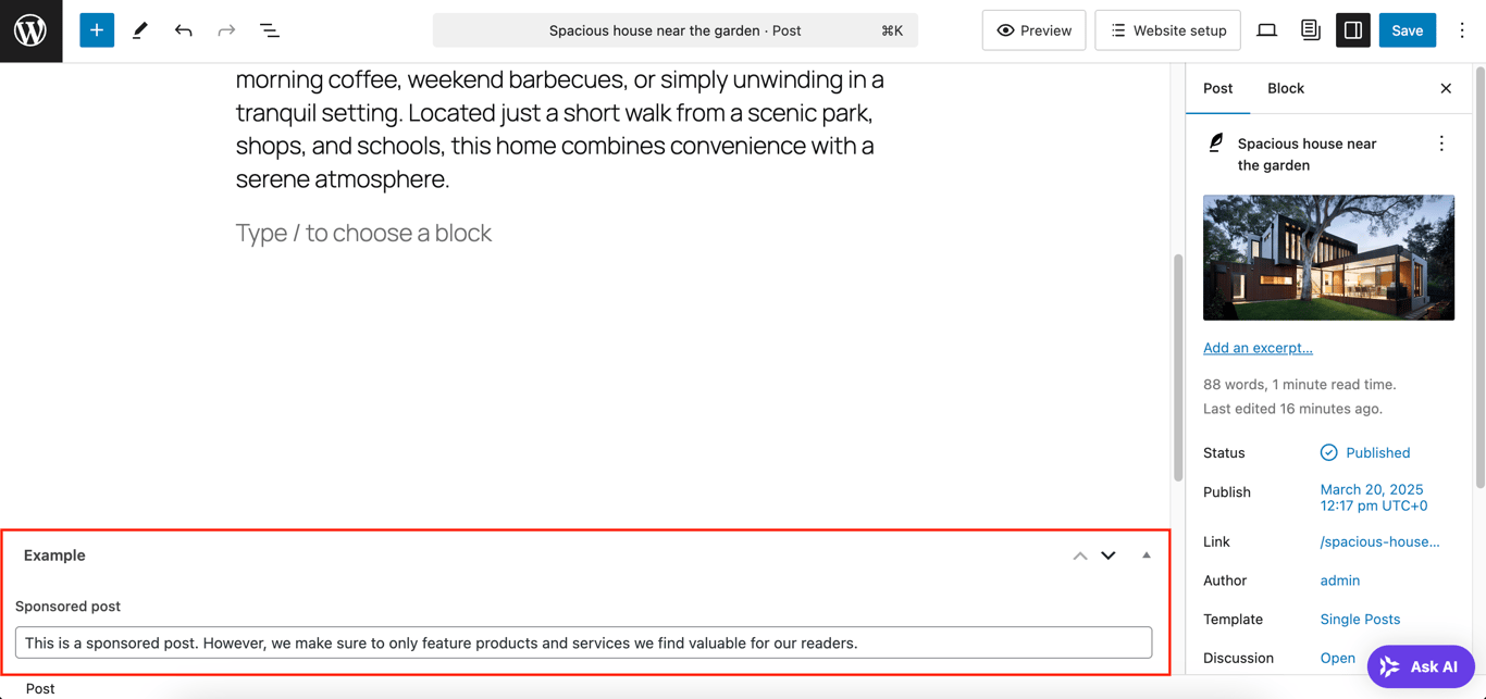 The custom field section in WordPress post editor created with the SCF and Meta Field Block plugins