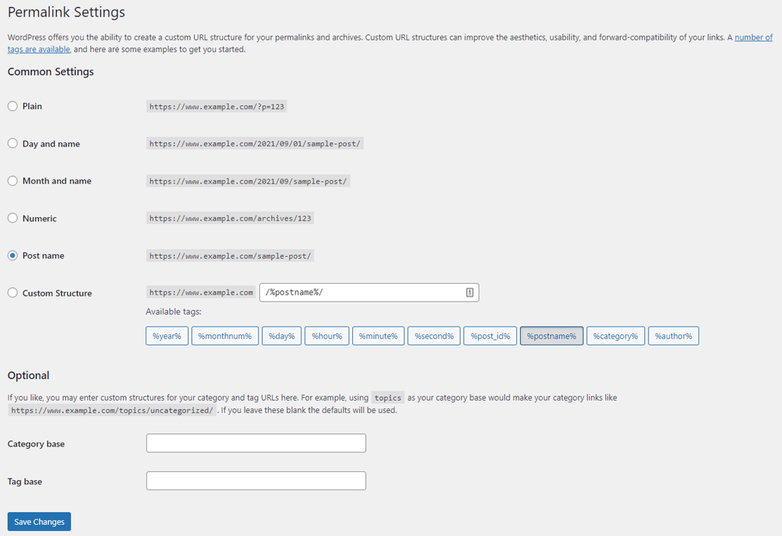 Permalink settings on WordPress dashboard