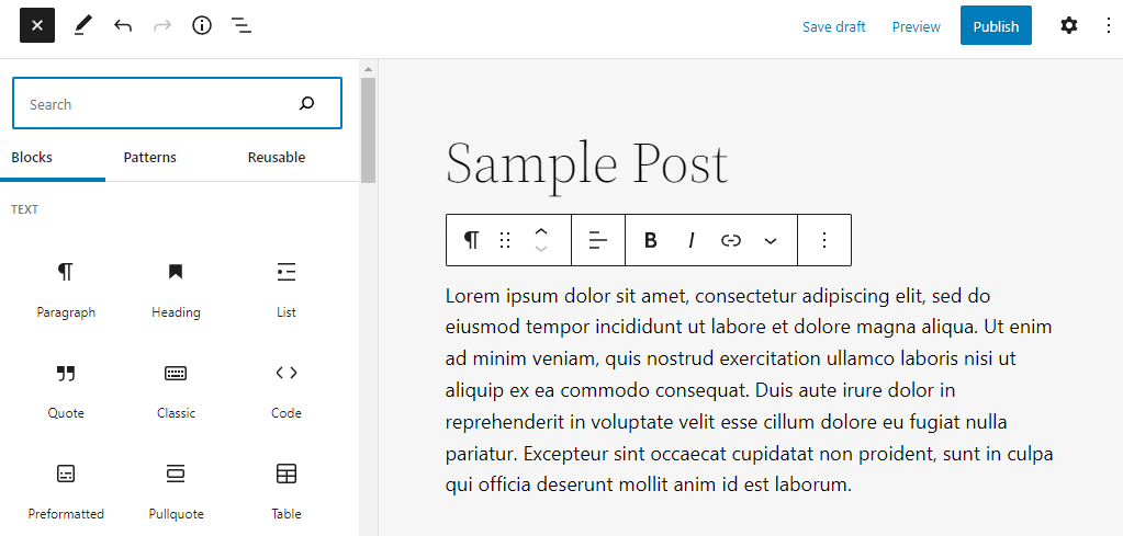 A paragraph block in the block editor