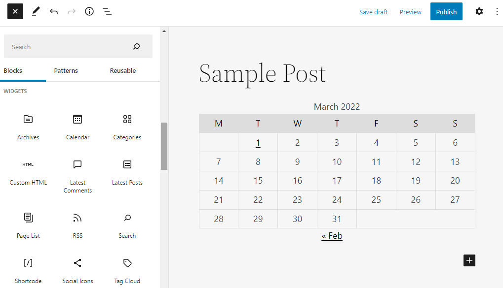 Calendar block in the block editor