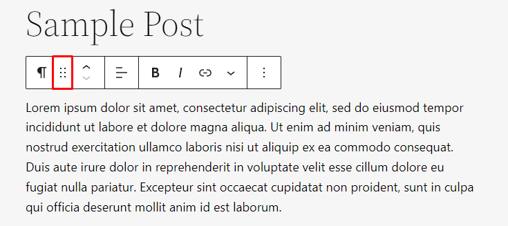 Drag-and-drop icon on the block toolbar