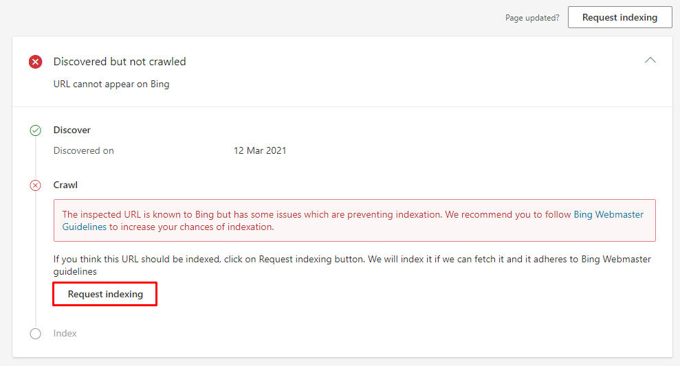 Bing Webmaster Tools' request indexing button