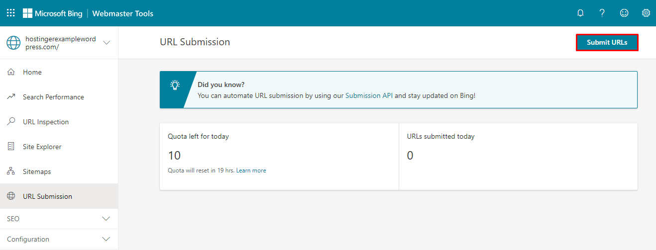 Bing Webmaster Tools submit URLs