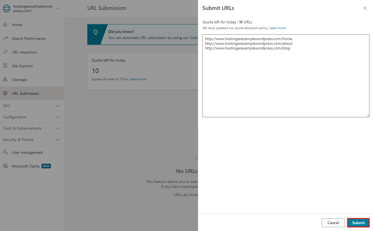 Bing Webmaster Tools adding URLs