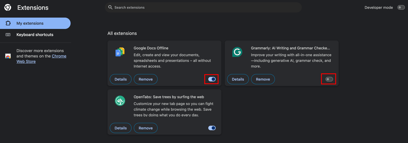 My Extensions section in Chrome, highlighting the toggle to disable extensions.