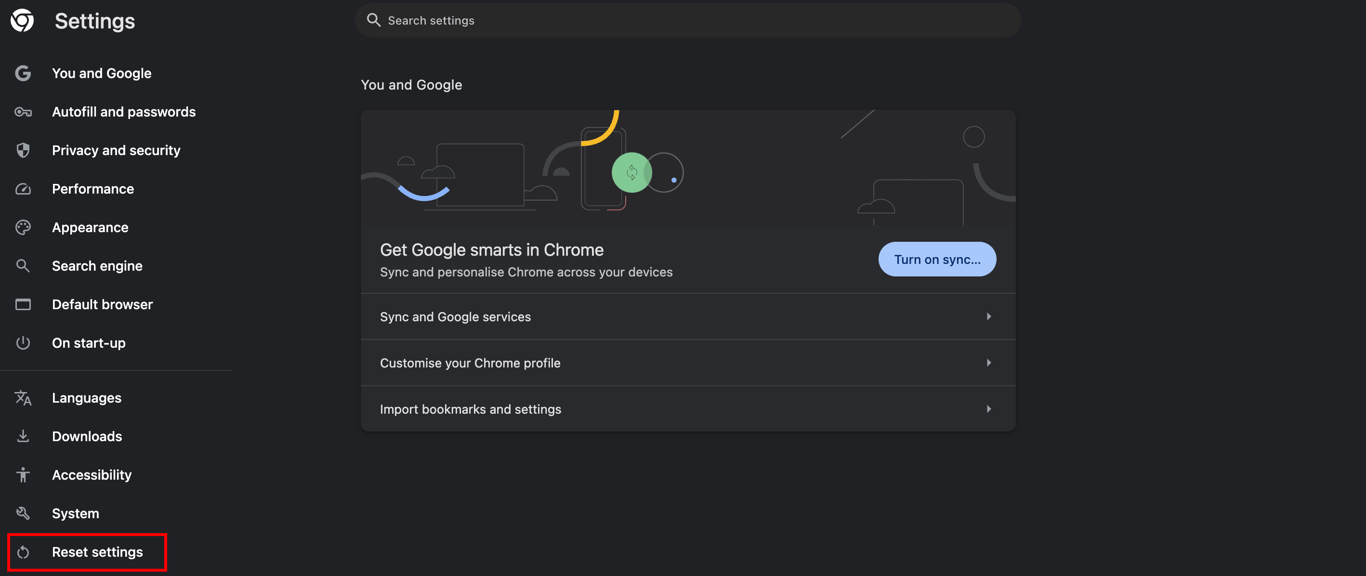 Google Chrome reset settings button highlighted in red