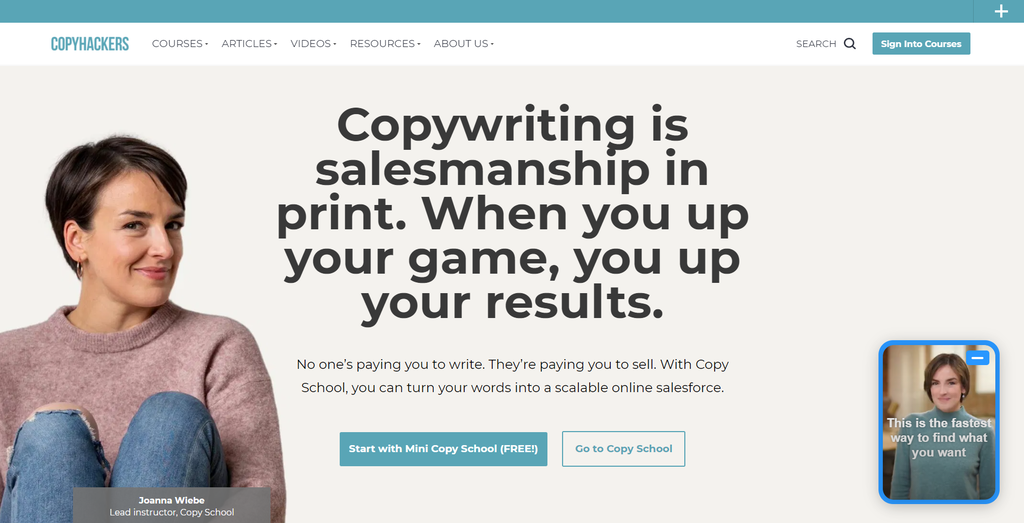 The front page Copyhackers' website.