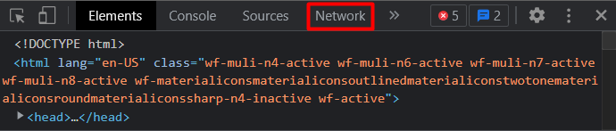 DevTools window, highlighting Network