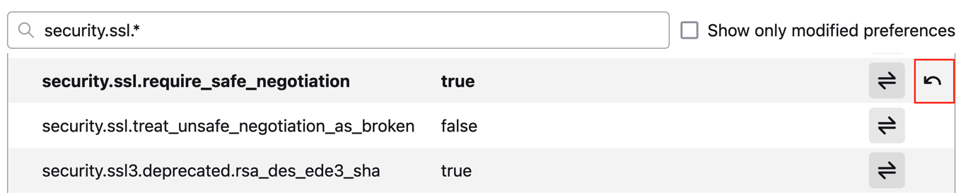 The Reset button in Firefox's Advanced Preferences page