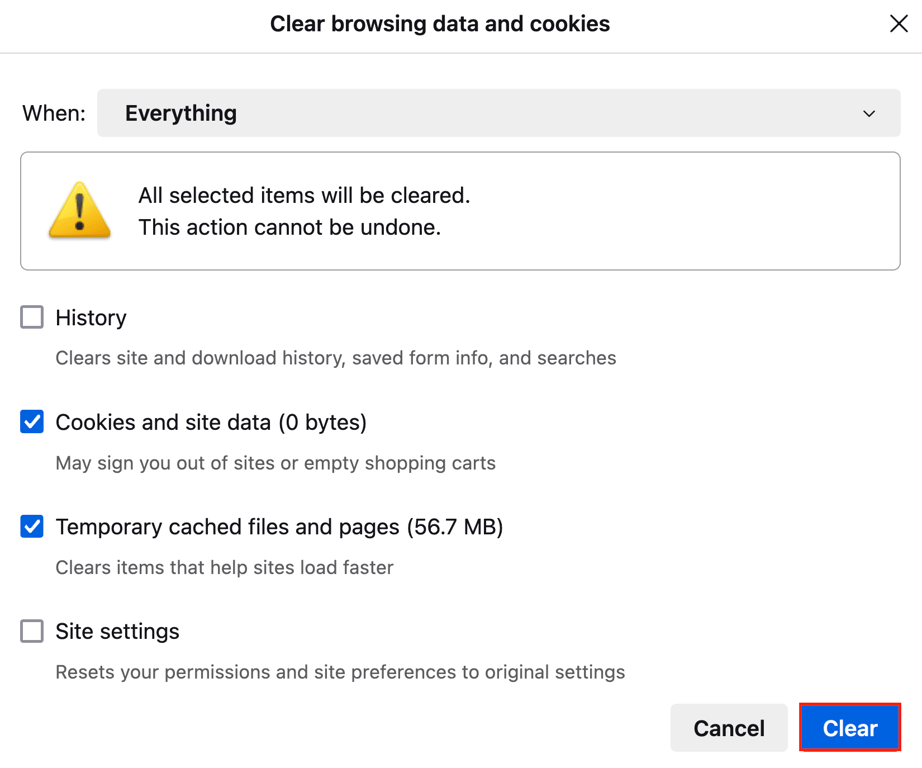 The Clear button in Firefox's Clear browsing data and cookies popup dialog