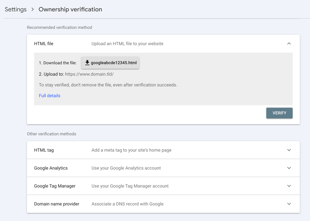 Google Search Console ownership verification methods panel