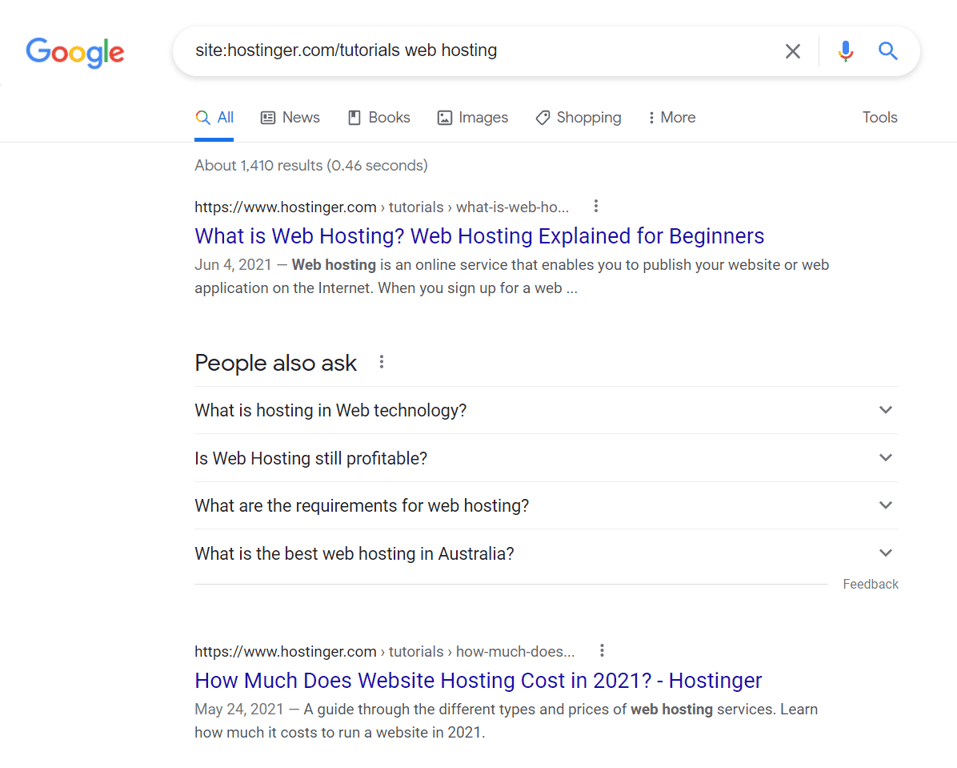 Entering "site:hostinger.com/tutorials web hosting" on Google.
