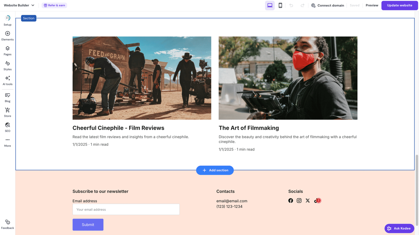 Hostinger Website Builder's site editor interface