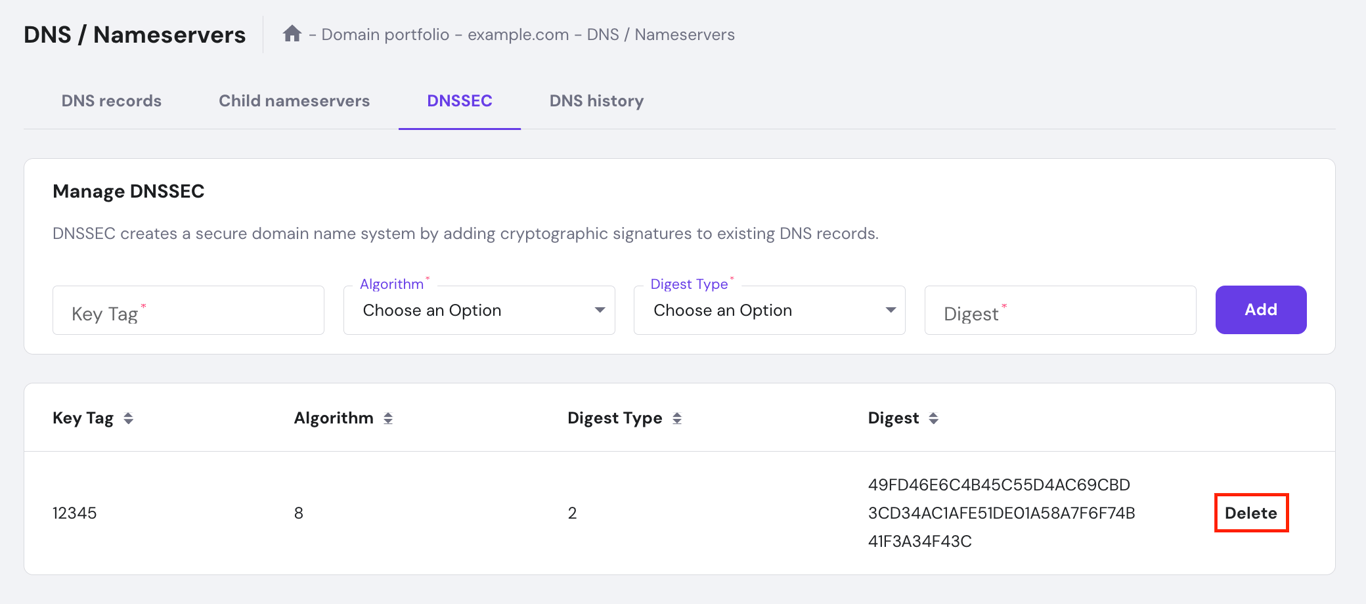 The Delete button in hPanel's DNSSEC section