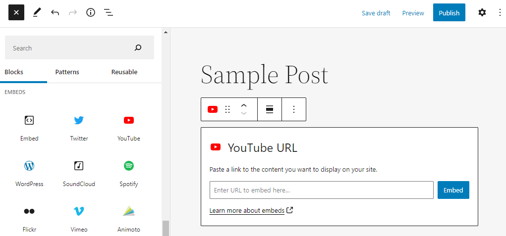 YouTube block in the block editor