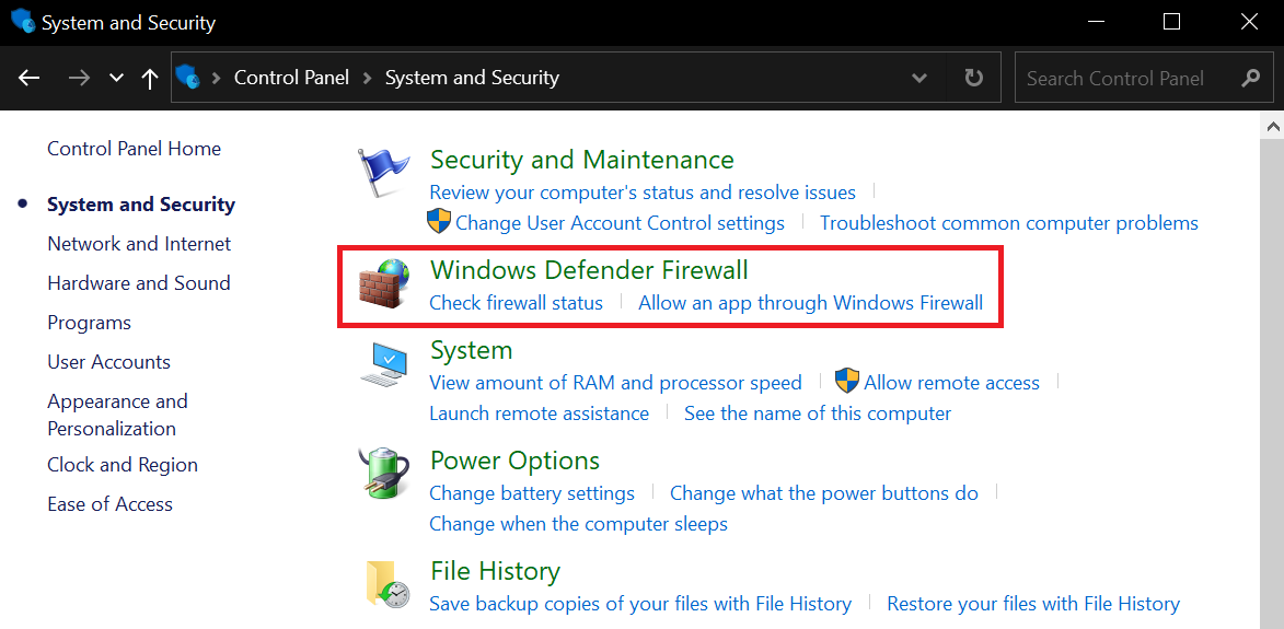 Accessing Windows Defender Firewall via System and Security