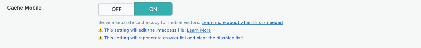 The option to cache the different content served to mobile users turned on.