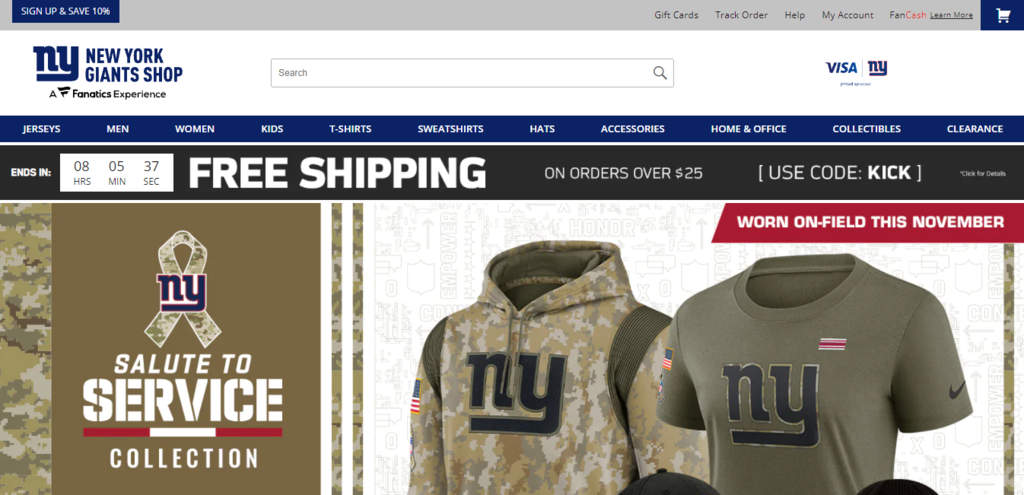 Screenshot of the New York Giants merchandise store The New York Giants merchandise store