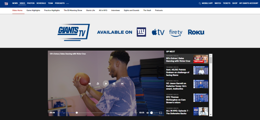 Screenshot of the Video page of the New York Giants official website The Video page of the New York Giants official website