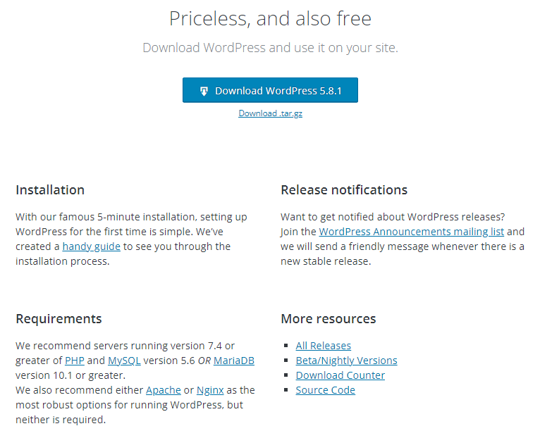 Screenshot of the official WordPress package download page The official WordPress package download page