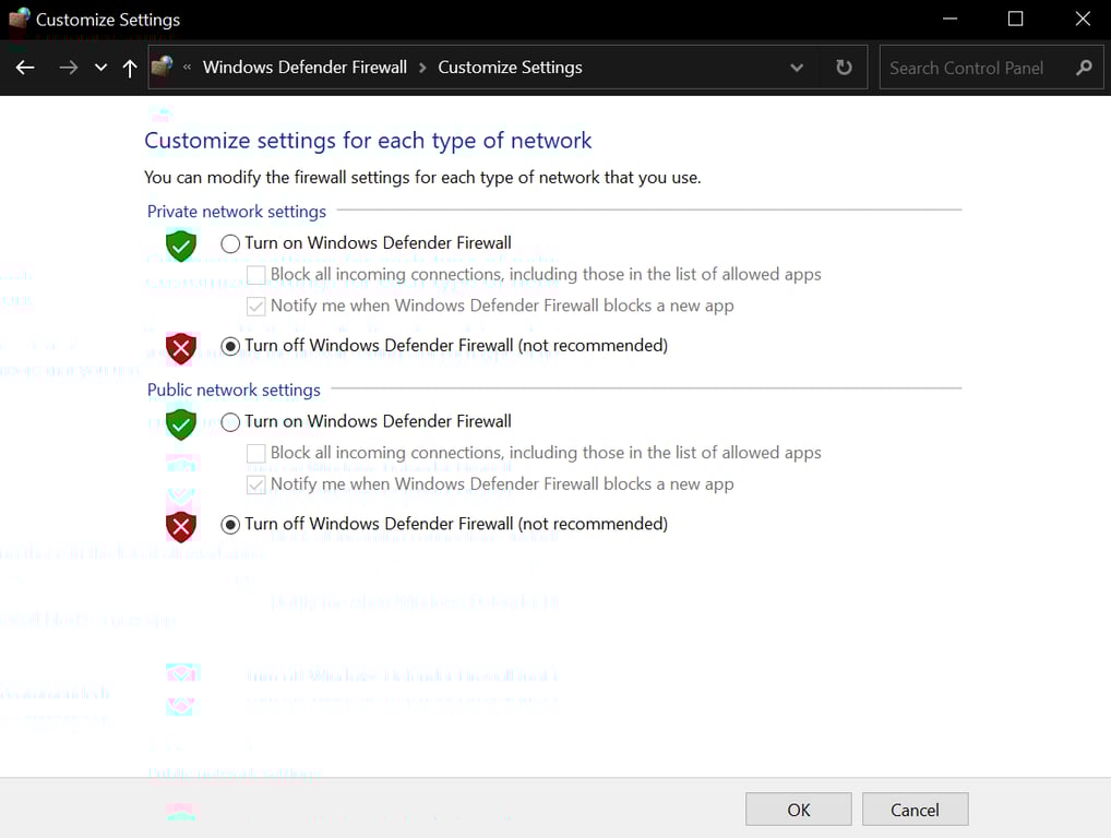 Turning off firewalls in both private and public networks