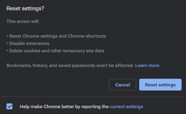 Reset Google Chrome settings