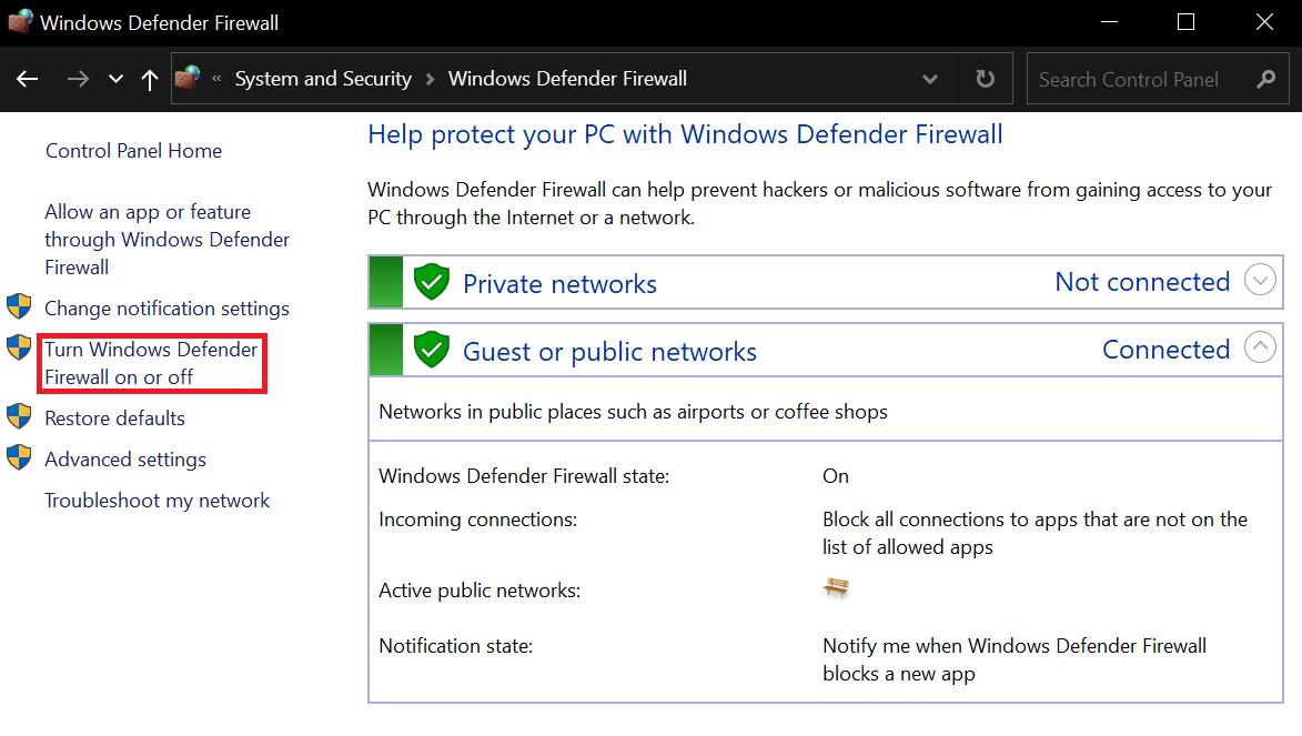 Selecting Turn Windows Defender Firewall on or off
