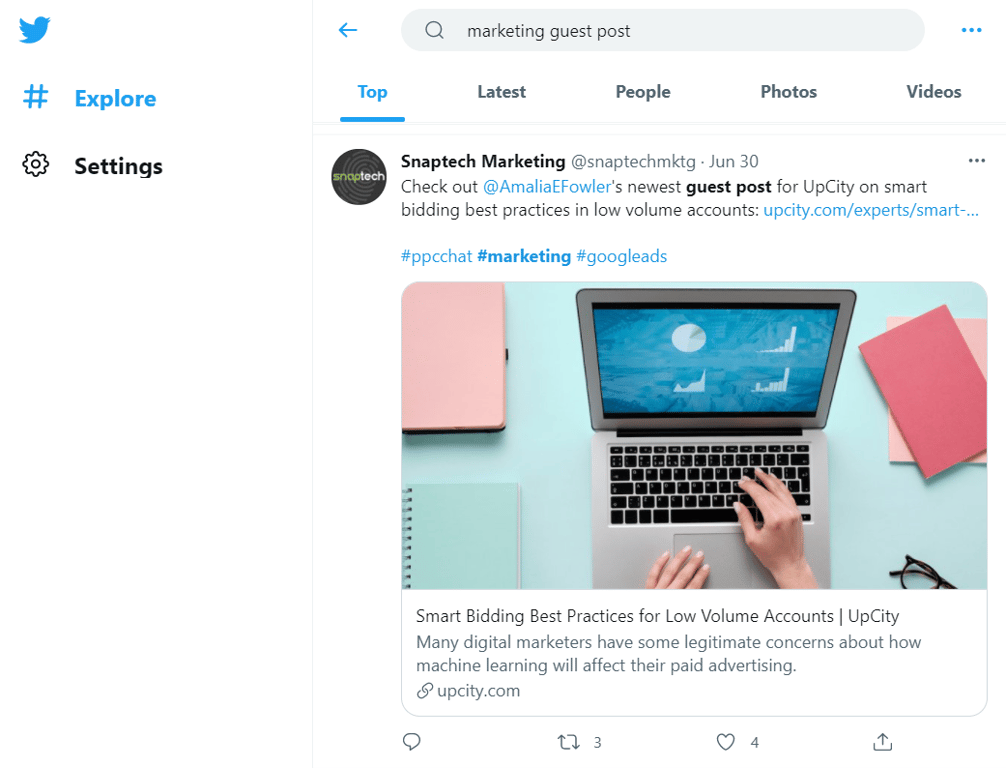 Screenshot of Snaptech Marketing's Tweet about a guest post.