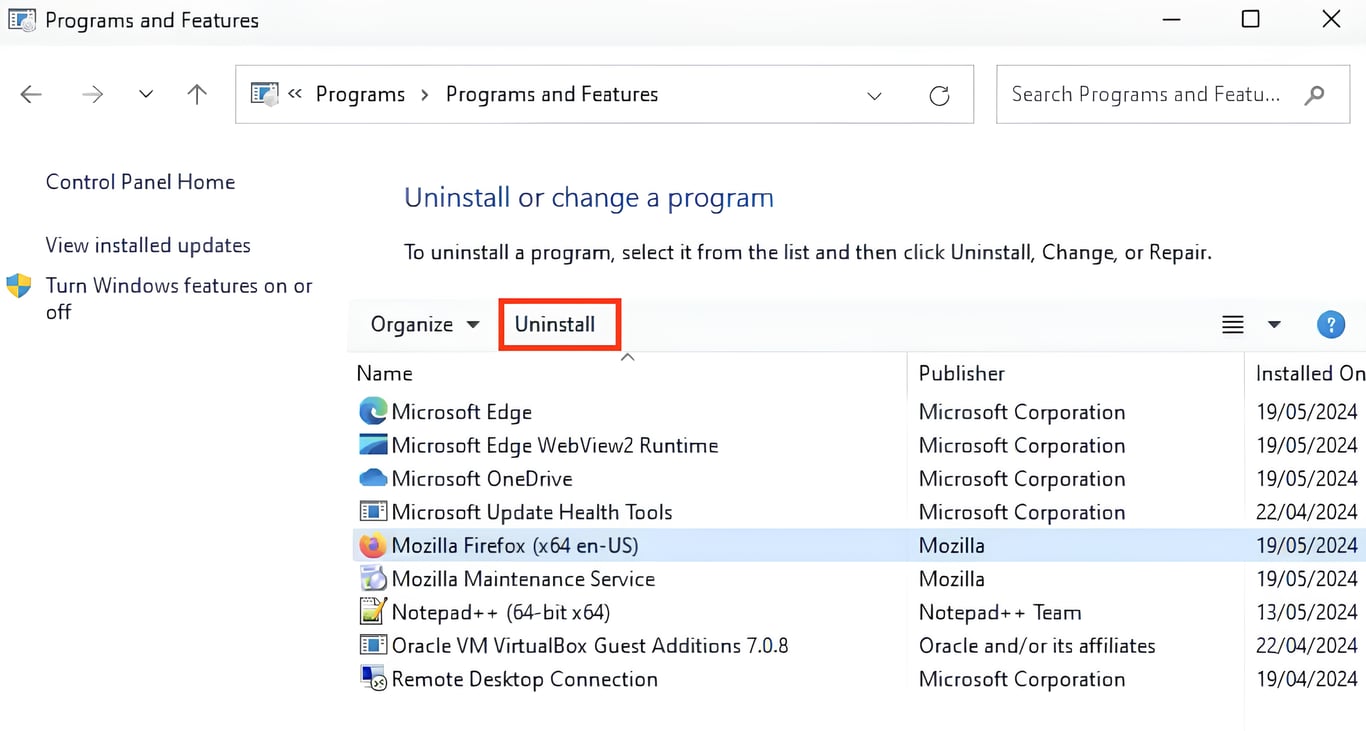 The Uninstall option in Windows' Control Panel