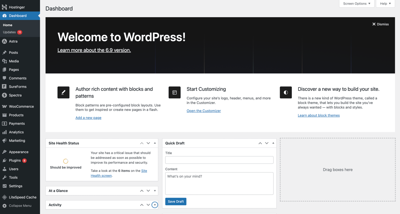 WordPress dashboard with various options.