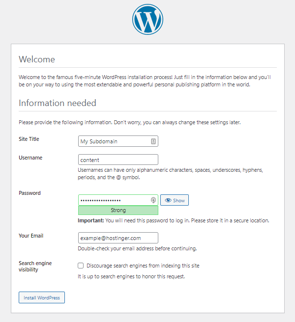 Screenshot of the Welcome page of the WordPress installation process The Welcome page of the WordPress installation process