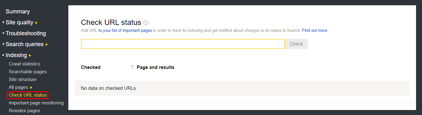 Yandex Webmaster check URL button