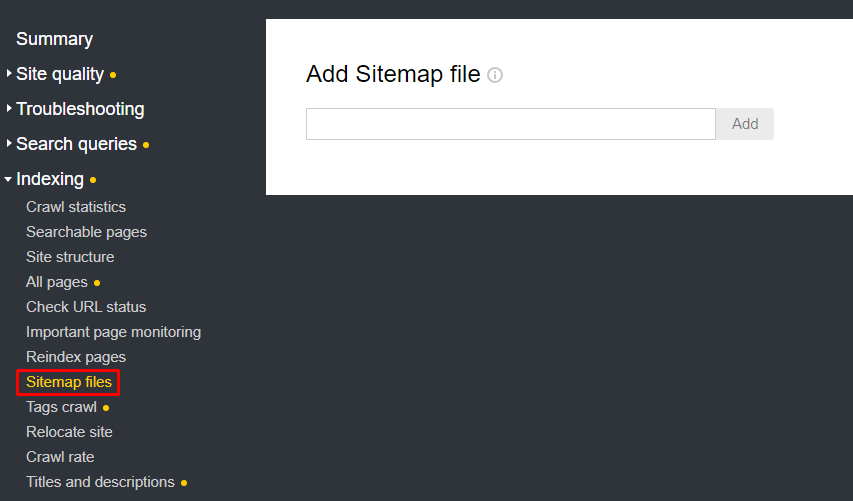 Yandex Webmaster add sitemap file.