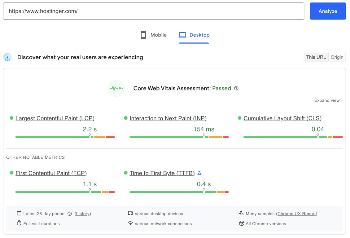 PageSpeed Insights results for Hostinger.com