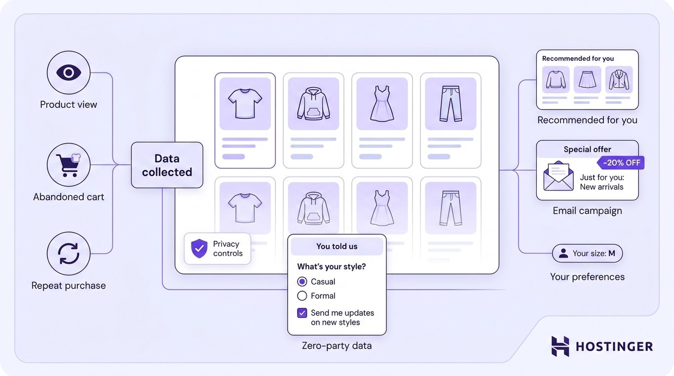 Diagram showing how an ecommerce store collects behavioral and zero-party data to power personalized product recommendations, email campaigns, and preference-based suggestions.